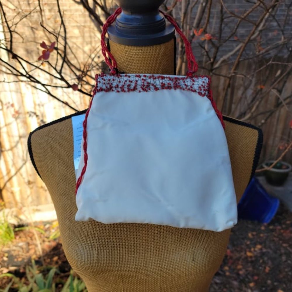 Oroton White-Ivory with Red Bead Accents Evening Bag